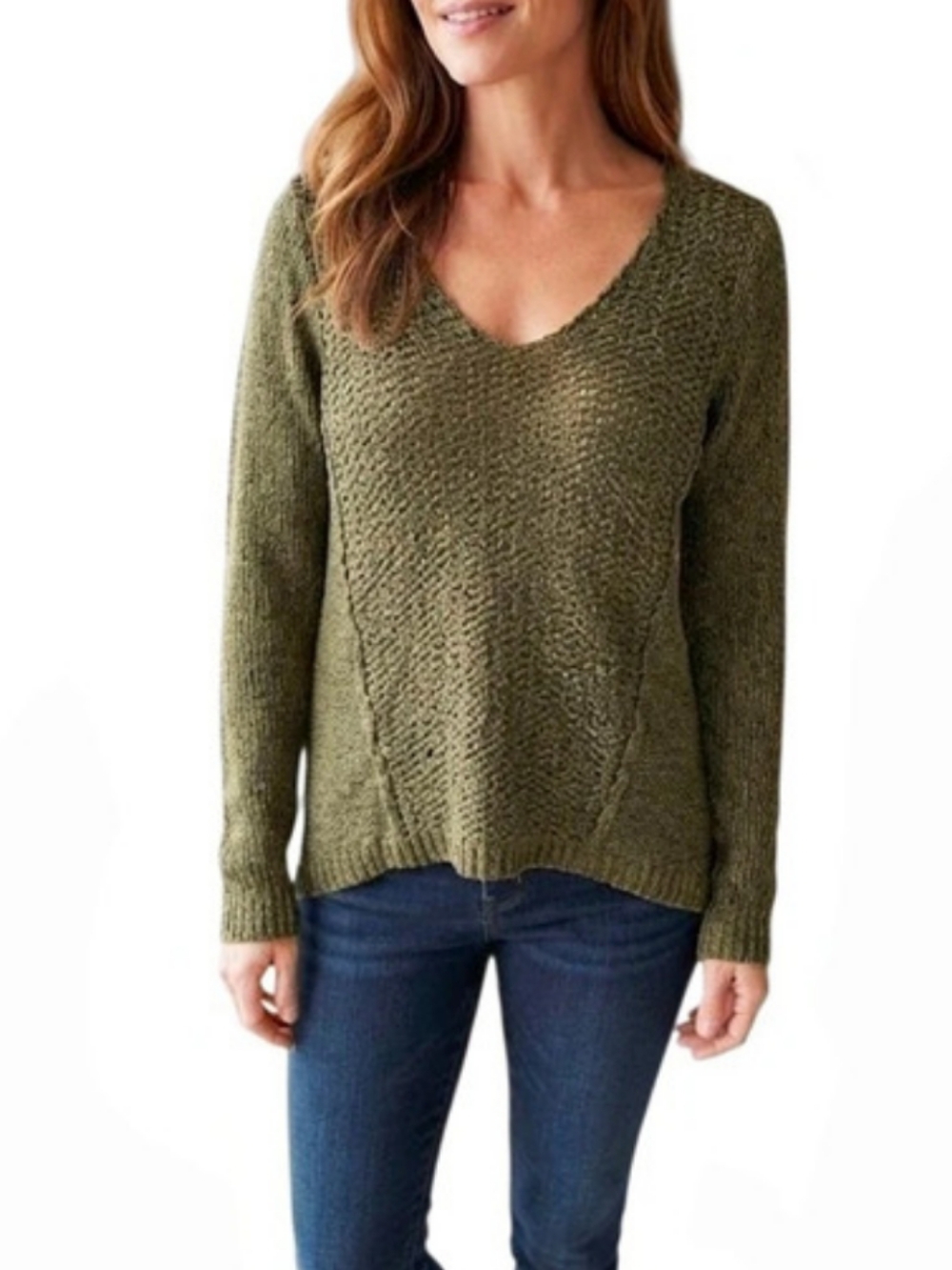 ​RDI Olive Green V-Neck Open Knit Long Sleeve Sweater Size Small